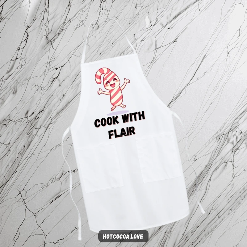 Funny apron with a happy candy cane character dancing, designed for festive kitchen fun and spreading holiday cheer.