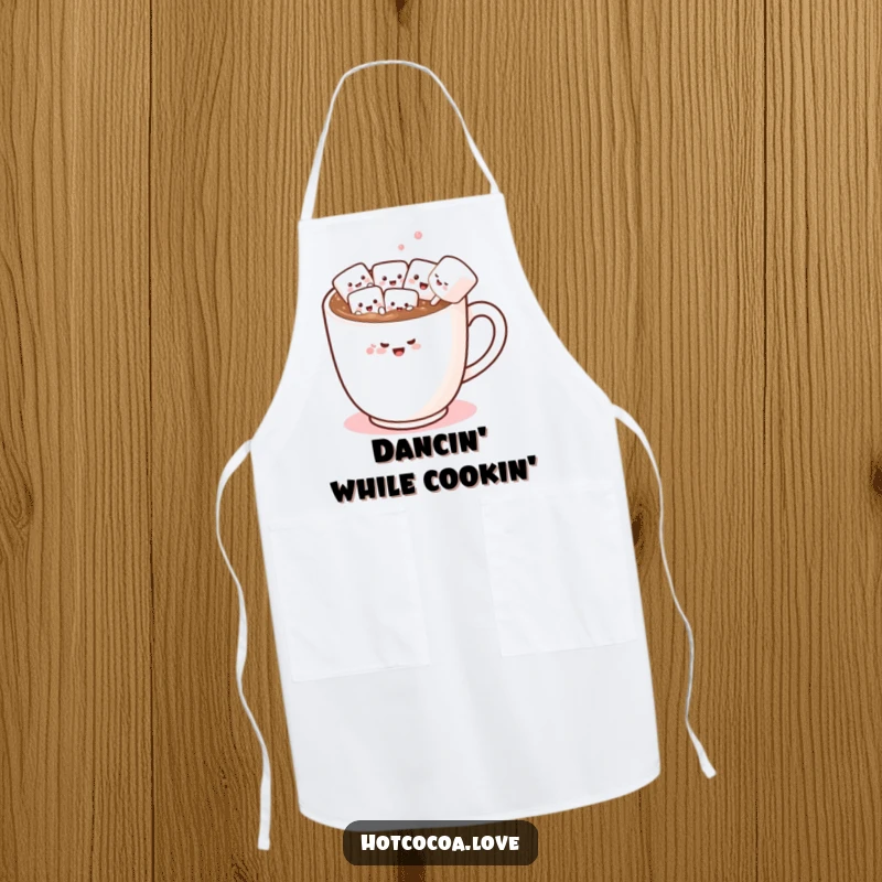 Funny cooking apron with a hot chocolate mug and marshmallow friends in a conga line, perfect for a cheerful kitchen.