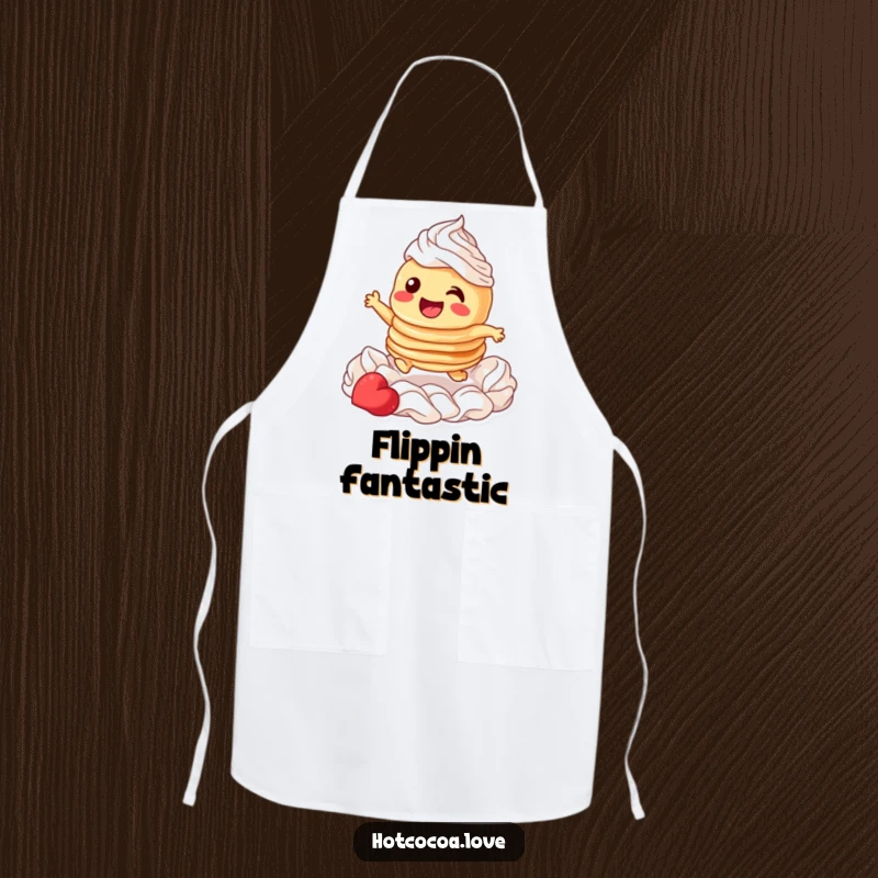 Funny apron showcasing a giggling stack of pancakes character joyfully leaping through whipped cream, perfect for kitchen fun.