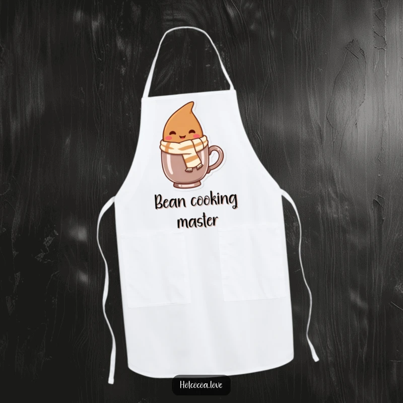 Funny apron with a smiling cocoa bean character wearing a tiny scarf, peeking from a mug, ideal for kitchen tasks.