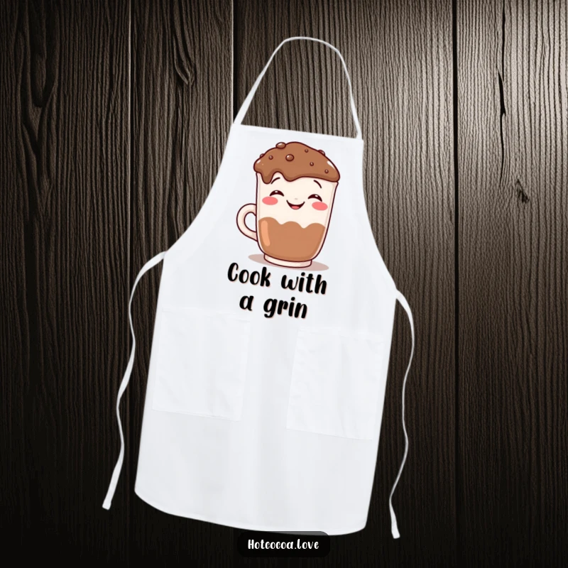 Funny grinning hot chocolate mug mugging for the camera, printed on a humorous apron for kitchen and party fun.