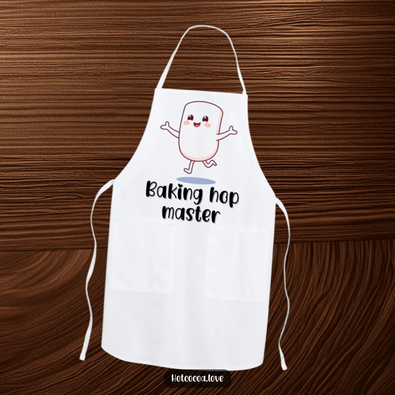 Funny apron showing a smiling marshmallow character hopping excitedly with arms outstretched. Sweet and humorous kitchenwear.