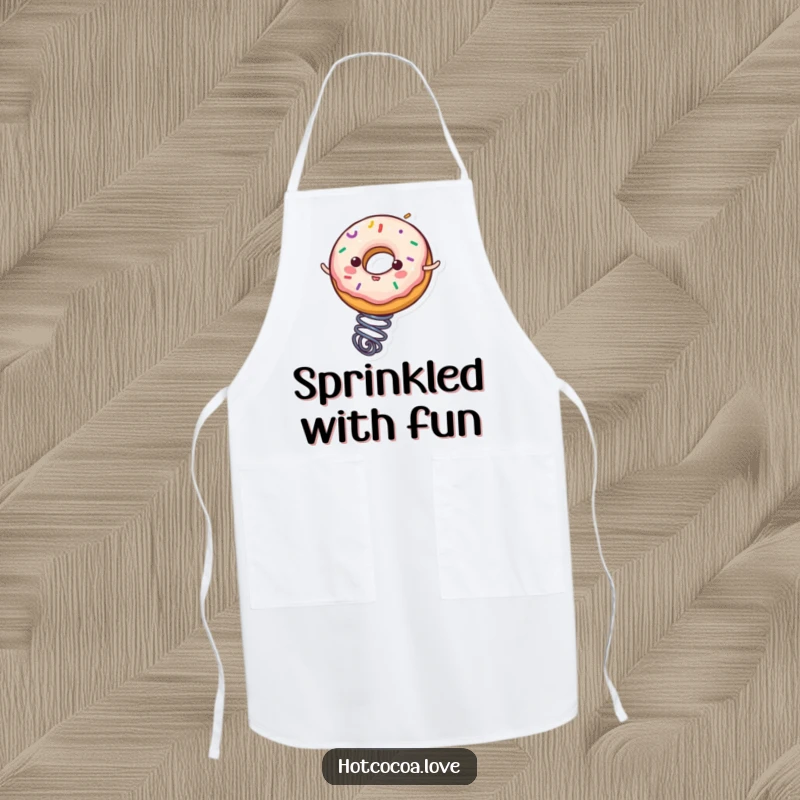 Funny donut character with sprinkles energetically bouncing on a spring, featured on a kitchen apron, adding humor to cooking.