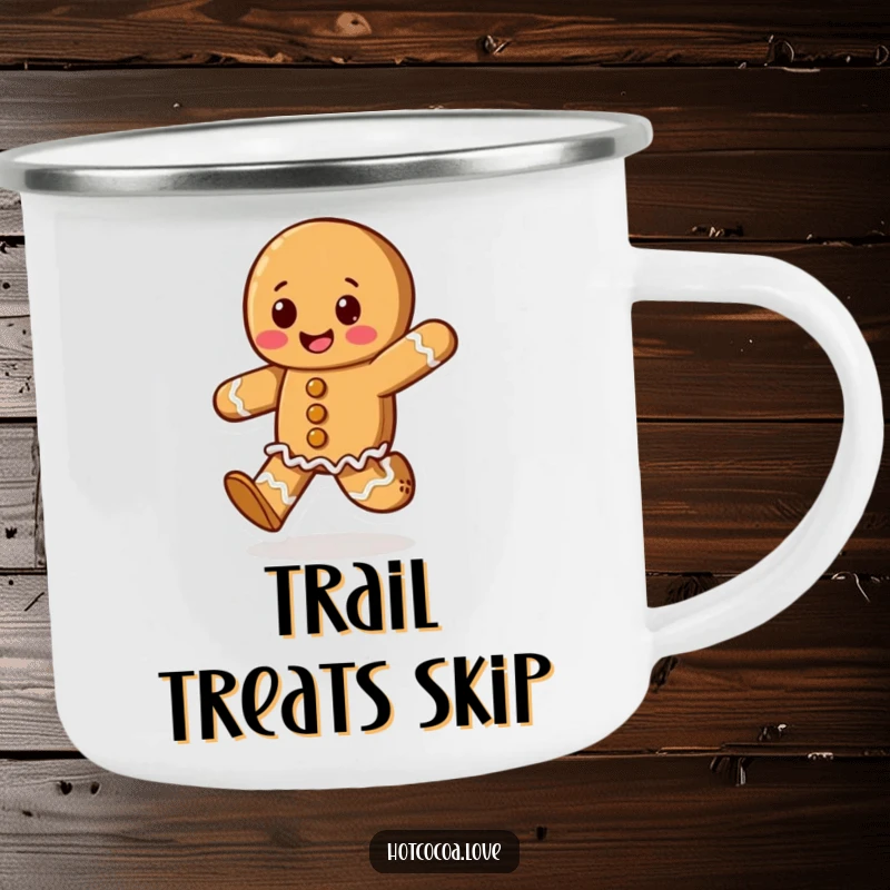 Funny camping mug with a happy gingerbread cookie character skipping, ready for adventures and spreading holiday cheer outdoors.