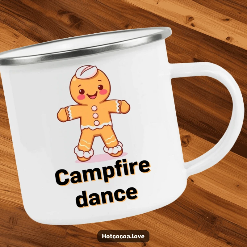 Funny camping mug with a gingerbread man character dancing silly, with whipped cream legs, ready for outdoor fun.
