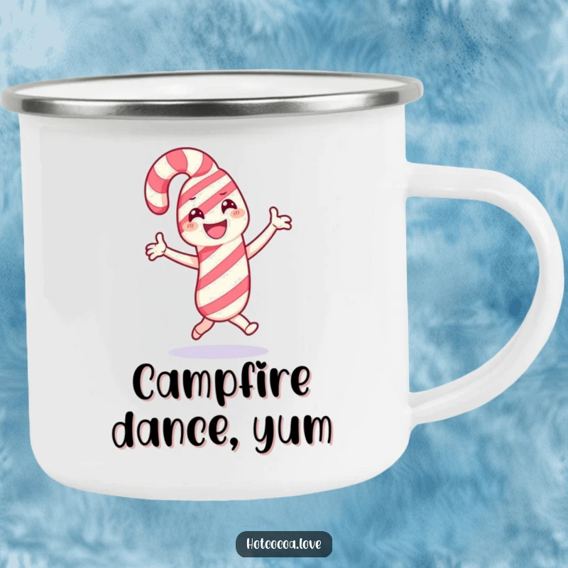 Funny camping mug with a happy candy cane character dancing, ready for outdoor adventures and spreading holiday cheer.