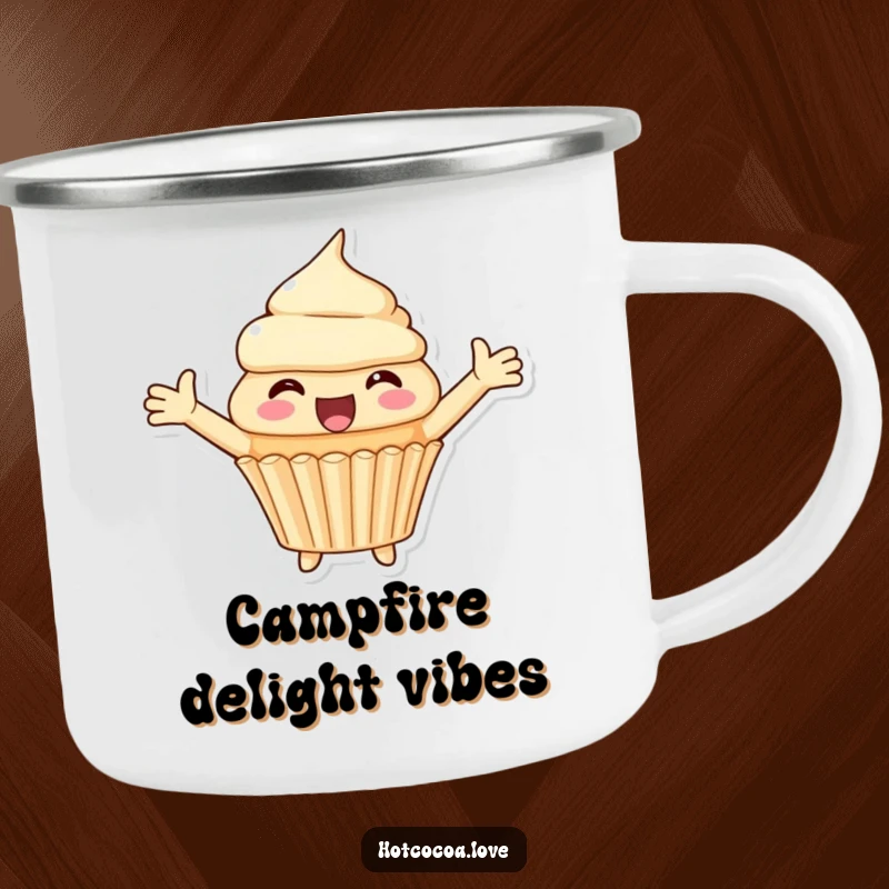 Funny camping mug with a happy cupcake character with arms spread wide, ready for outdoor fun and sweet delights.