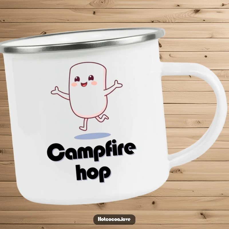 Funny camping mug featuring a smiling marshmallow character hopping excitedly with arms outstretched. Durable and sweet outdoor cup.