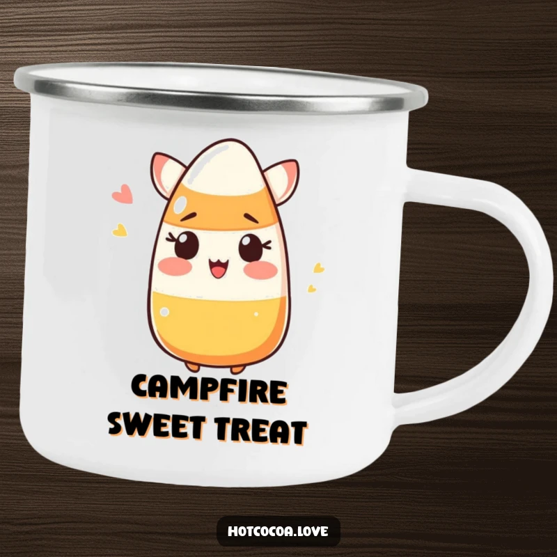 Funny blushing candy corn winking on a durable camping mug, perfect for Halloween humor and outdoor treats.