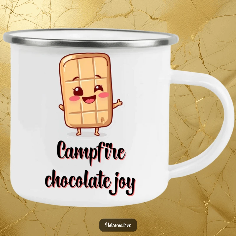 Funny chocolate bar character delightedly wiggling its wrapper, printed on a sturdy camping mug, ideal for outdoor sweetness and humor.