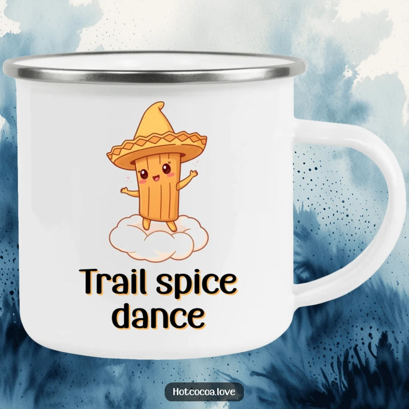 Funny camping mug with a cinnamon stick character in a sombrero dancing on whipped cream, perfect for outdoor enjoyment.