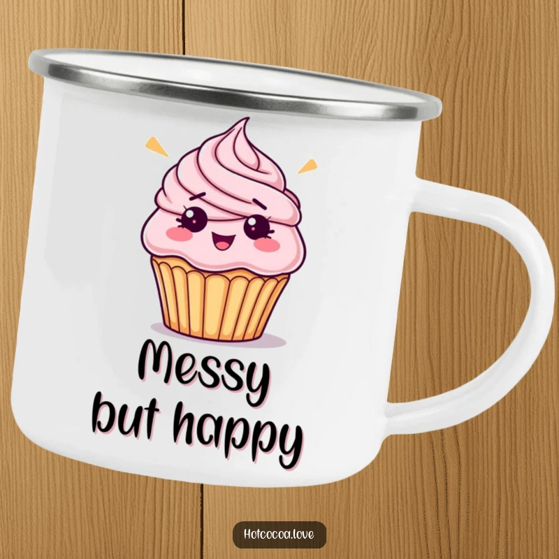 Funny bewildered cupcake with askew frosting on a durable camping mug, perfect for dessert humor and outdoor treats.