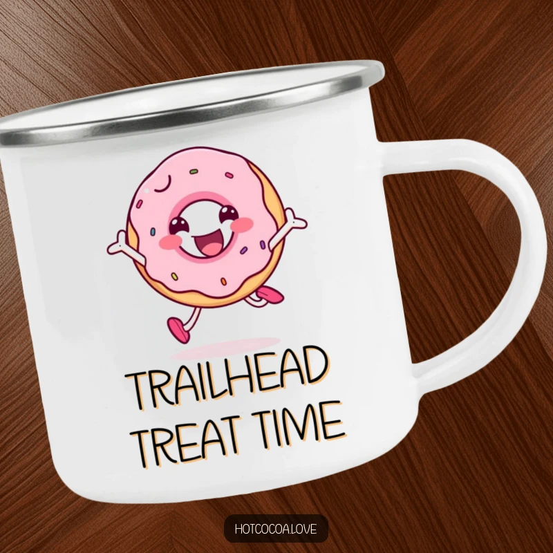 Funny smiling doughnut character joyfully jumping, rugged and humorous enamel camping mug for outdoor fun.