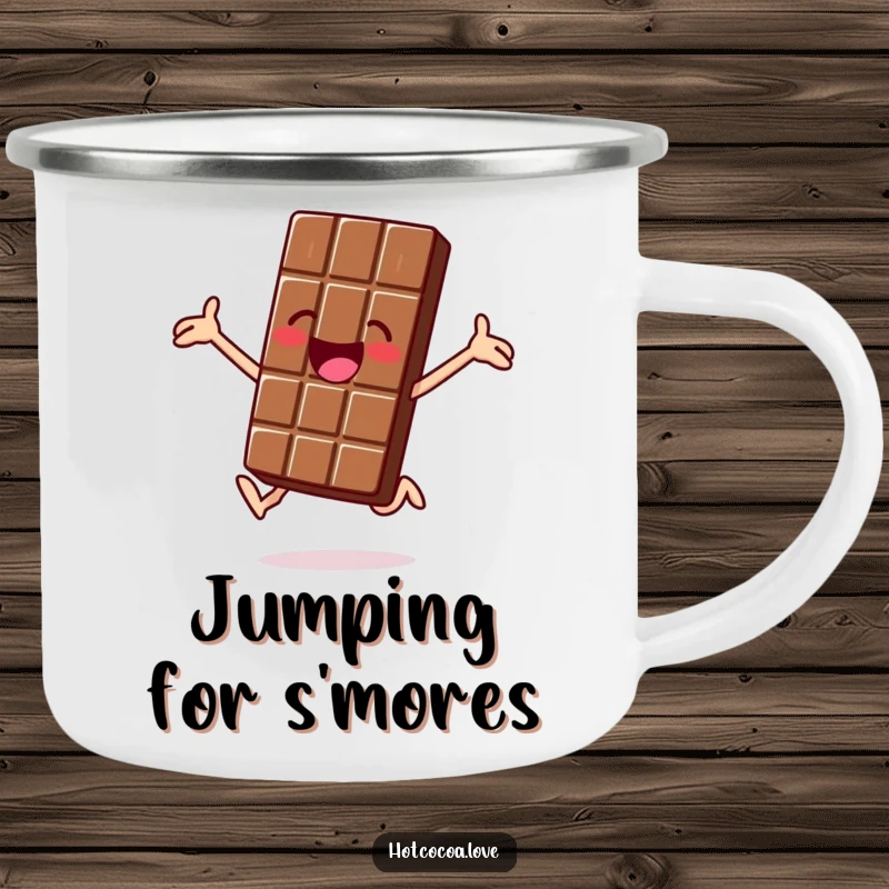 Funny camping mug with a jolly chocolate bar character jumping for joy, rugged and cheerful, great funny gift.