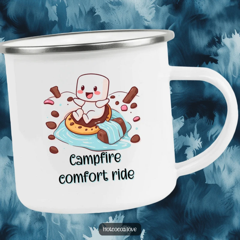 Funny camping mug with a happy marshmallow character sliding down a hot chocolate river on a cookie, built for cozy adventures.