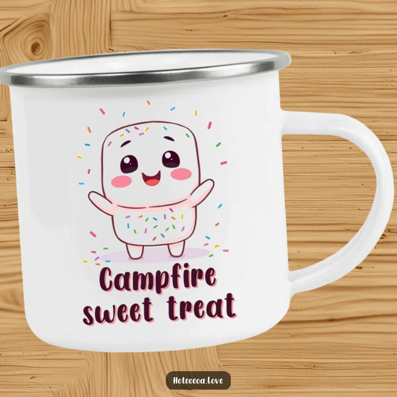 Funny marshmallow juggling enamel camping mug with a smiling marshmallow character playfully tossing colorful sprinkles, made for outdoor enjoyment.