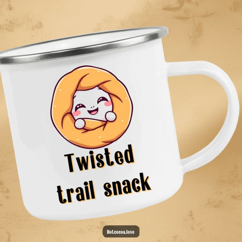 Funny pretzel character grinning and playfully twisting into a knot, printed on a sturdy camping mug, ideal for outdoor snacks and humor.