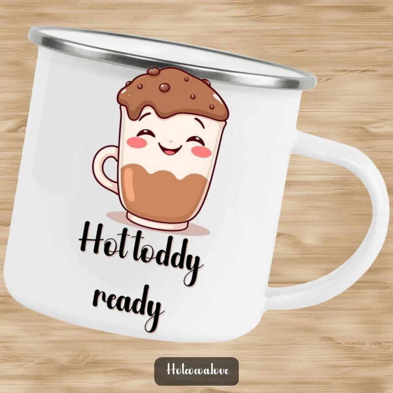 Funny grinning hot chocolate mug posing for the camera on a durable camping mug, perfect for outdoor humor and cozy drinks.