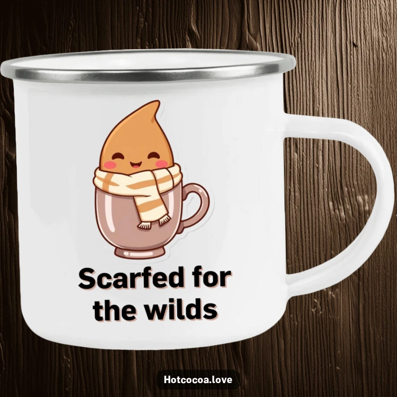 Funny camping mug with a smiling cocoa bean character wearing a tiny scarf, peeking from a mug, built for cozy adventures.