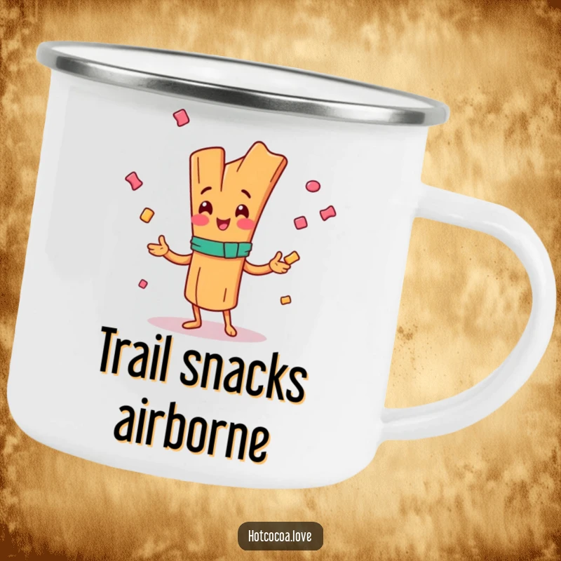 Funny camping mug with a happy cinnamon stick character juggling candy, rugged and cheerful, great funny gift.
