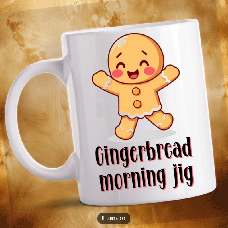 Funny delighted gingerbread person doing a happy jig, a festive and humorous mug design for holiday lovers.
