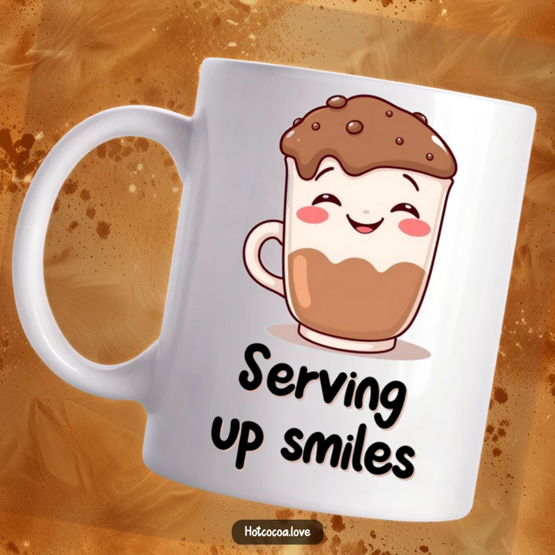 Funny grinning hot chocolate mug with a cheerful face, posing for the camera on a humorous coffee mug.