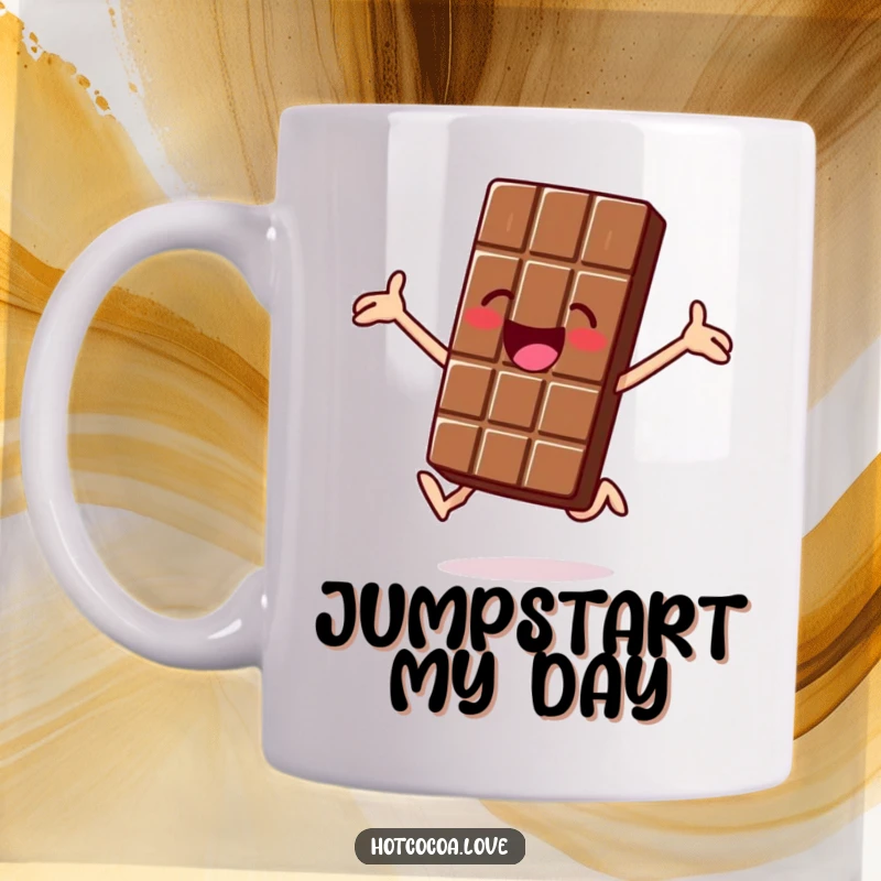 Funny mug featuring a jolly chocolate bar character jumping for joy, conveying excitement and delight, perfect gift.