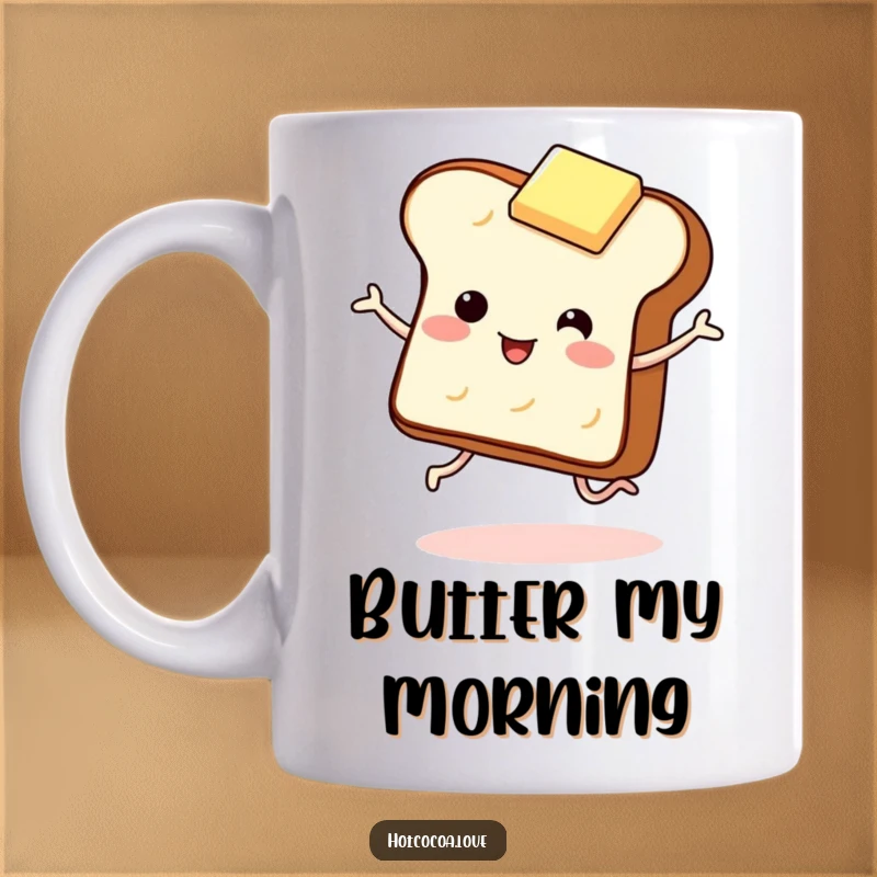 Funny mug featuring a giggling piece of toast with legs dancing playfully with a butter pat. Humorous breakfast scene.