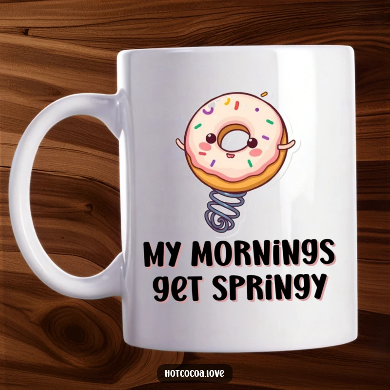 Funny donut character with colorful sprinkles joyfully bouncing on a spring, a delightful and humorous mug design.