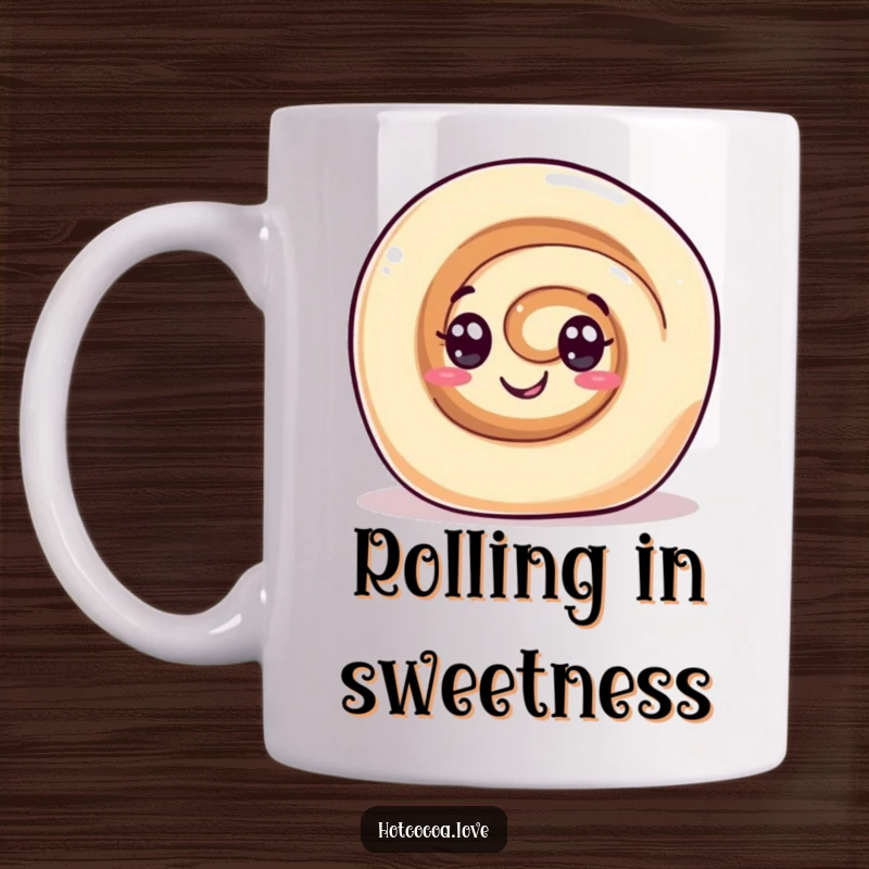Funny mug featuring a gleeful cinnamon roll character with swirl eyes rolling happily. Sweet and joyful treat design.