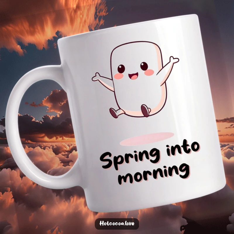 Funny mug featuring a cute marshmallow character performing a joyful cartwheel, embodying playful energy and sweet delight.