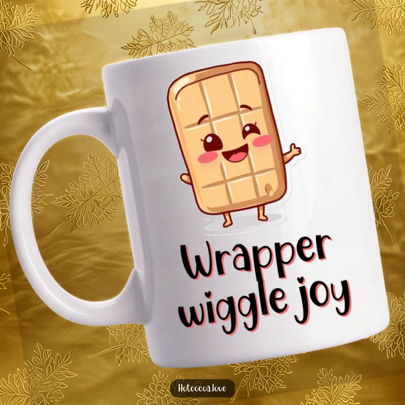Funny chocolate bar character joyfully wiggling its wrapper, a delightful and humorous mug design for sweet lovers.
