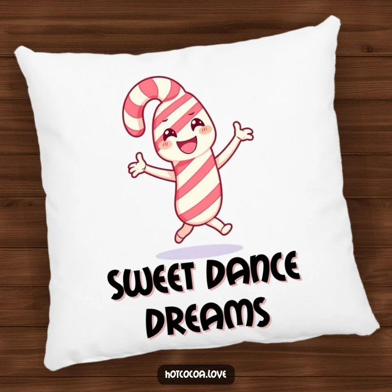 Funny pillow featuring a happy candy cane character dancing with glee, adding a soft and festive touch to any room.