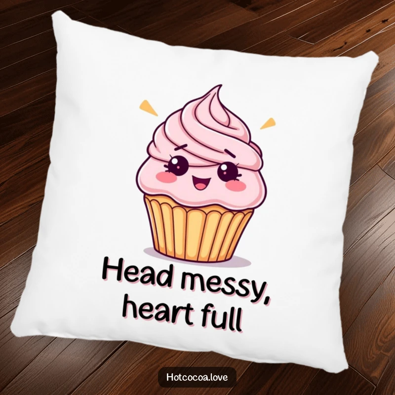 Funny bewildered cupcake with askew frosting, a humorous and cozy accent pillow for ultimate dessert comfort.