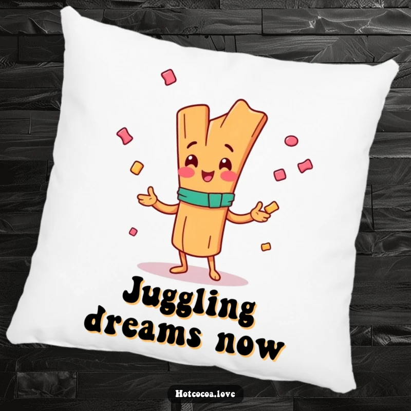 Funny pillow with a happy cinnamon stick character juggling candy, soft and cheerful decor, ideal funny gift.