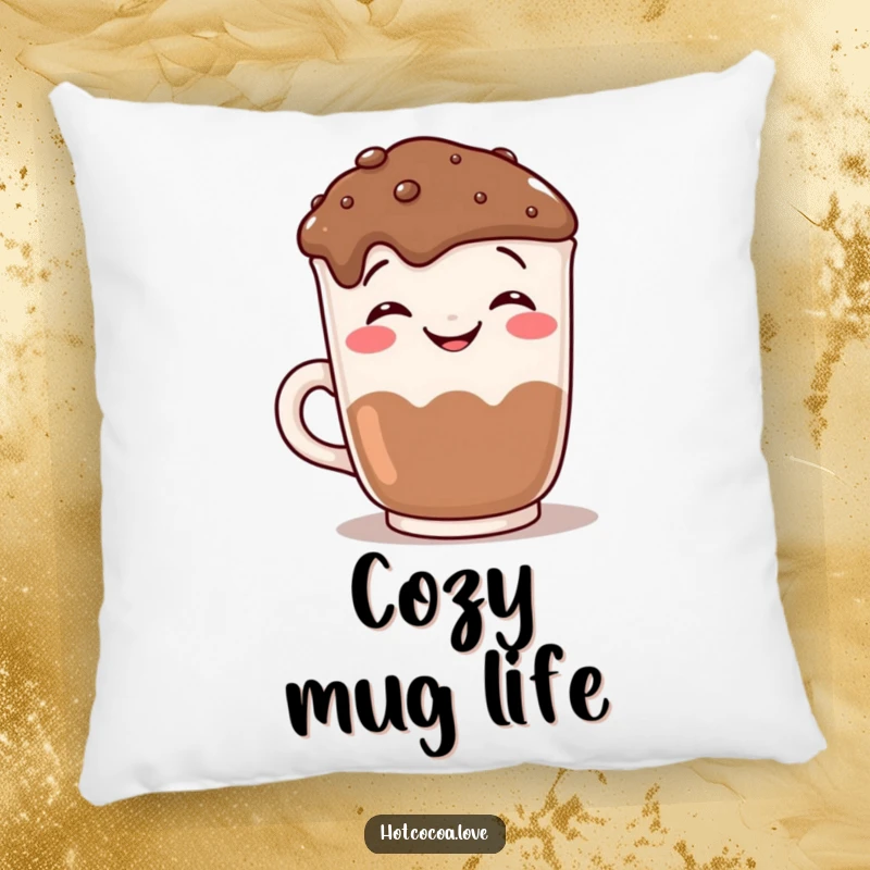 Funny grinning hot chocolate mug posing for the camera, a humorous and cozy accent pillow for ultimate comfort.
