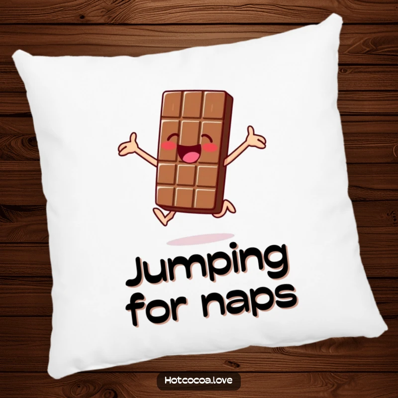 Funny pillow with a jolly chocolate bar character jumping for joy, soft and cheerful decor, ideal funny gift.