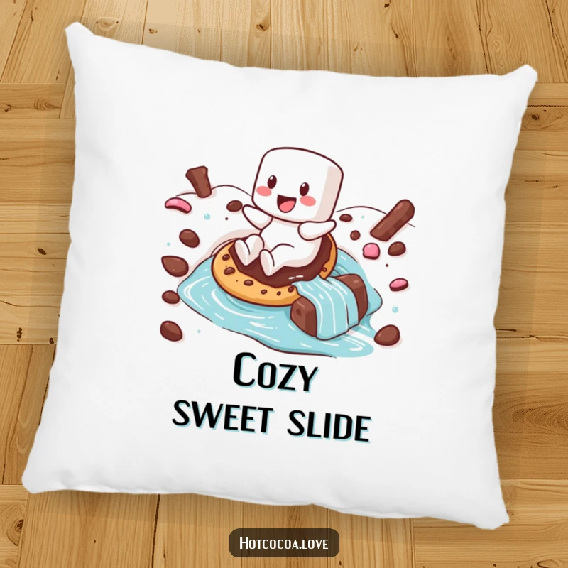 Funny pillow featuring a happy marshmallow character sliding down a hot chocolate river on a cookie, perfect for comfortable coziness.