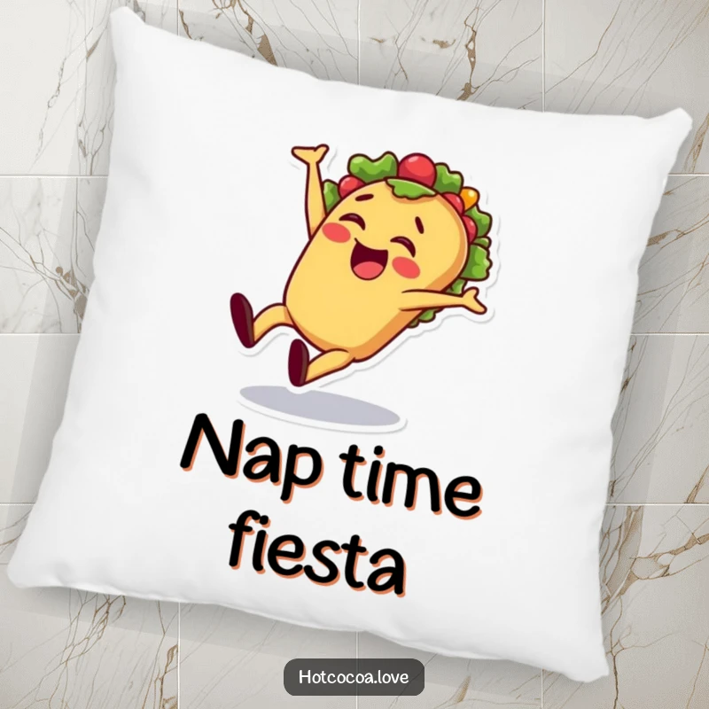 Funny taco cartwheel pillow with a cheerful taco character performing a cartwheel, perfect for adding festive flair.
