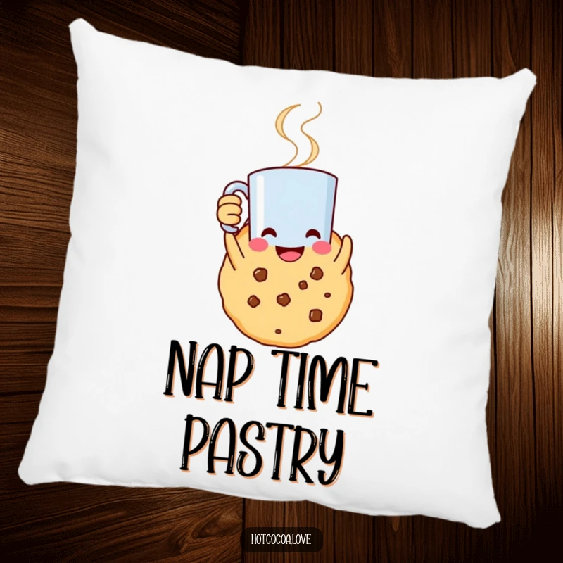 Funny pillow with a smiling cookie character holding a steaming mug aloft, perfect for cozy, celebratory decor.
