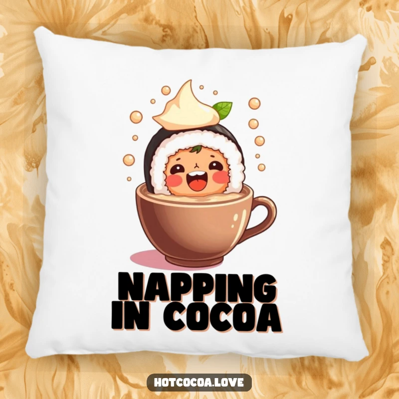Funny throw pillow with a cheerful sushi roll character joyfully splashing in a cup of hot cocoa, offering comfort and a laugh.