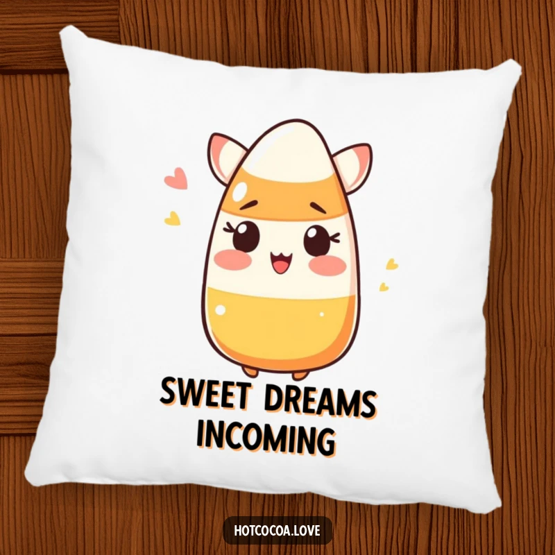 Funny blushing candy corn winking, a humorous and cozy accent pillow for ultimate Halloween comfort.