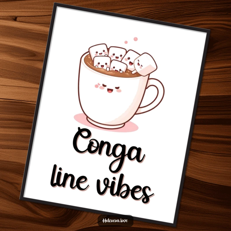 Funny digital art print of a hot chocolate mug with marshmallow friends conga dancing joyfully, ready for instant framing.