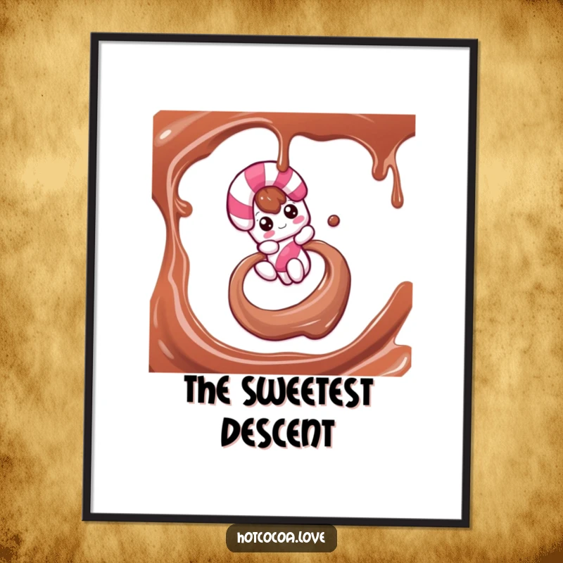 Funny digital art print of a candy cane character joyfully sliding down a luscious chocolate syrup swirl, embodying holiday spirit.