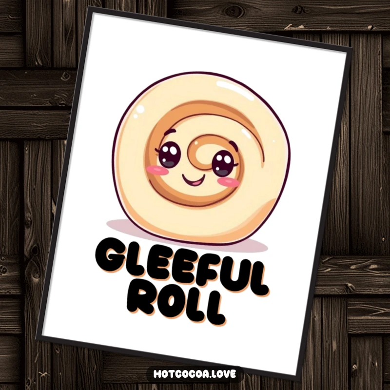Funny digital art print of a gleeful cinnamon roll character with swirl eyes rolling happily. Instant sweet decor.