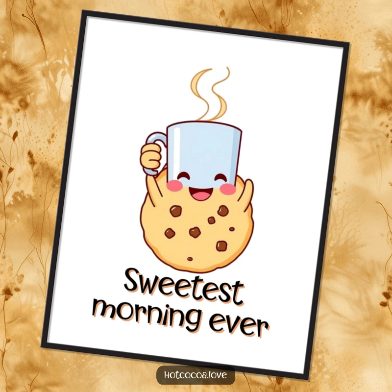 Funny digital art print of a smiling cookie character holding a steaming mug aloft, instant wall decor for cheerful spaces.