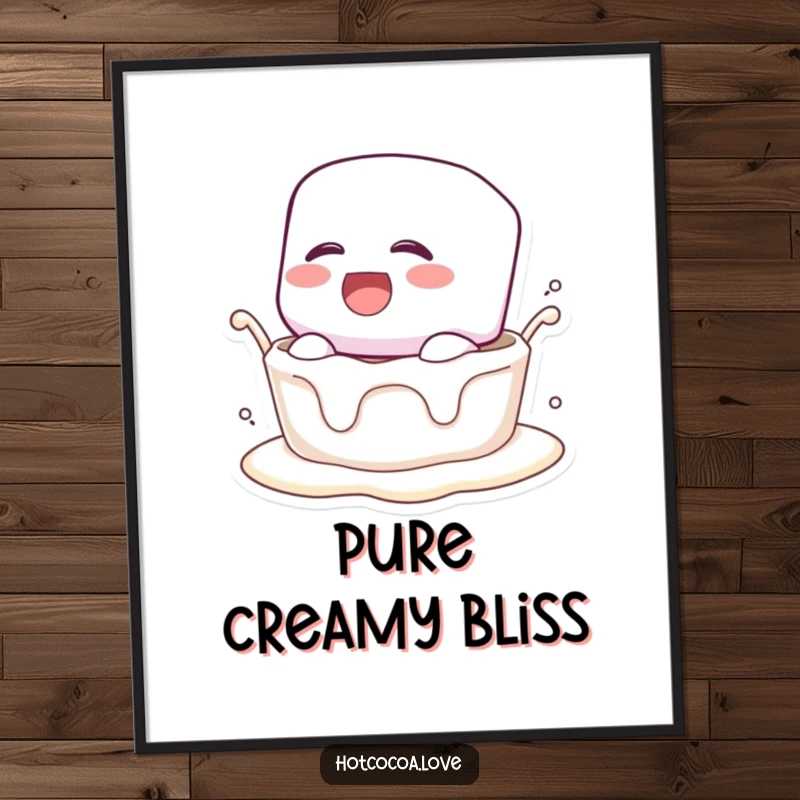 Funny digital art print of a marshmallow character laughing uncontrollably while being dunked into a creamy, delicious liquid.