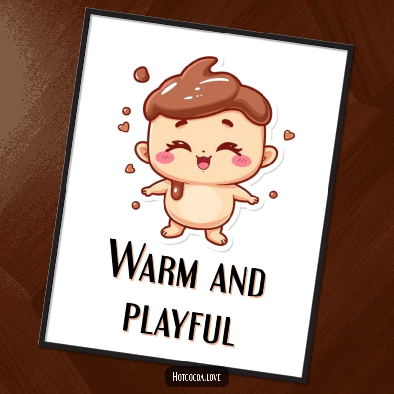 Funny digital art print of a playful anthropomorphic hot chocolate character winking, instant wall decor for a cheerful space.