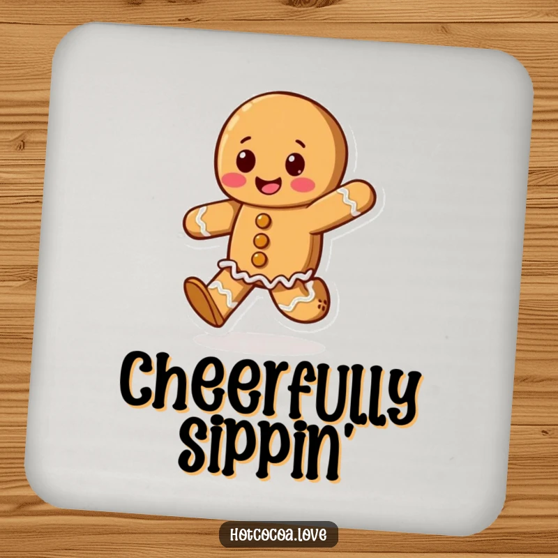 Funny drink coaster featuring a happy gingerbread cookie character skipping, bringing festive holiday cheer and surface protection.