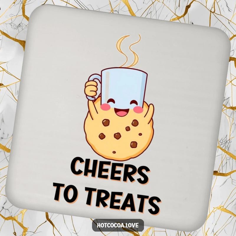 Funny drink coaster featuring a smiling cookie character holding a steaming mug aloft, protecting surfaces with humor.